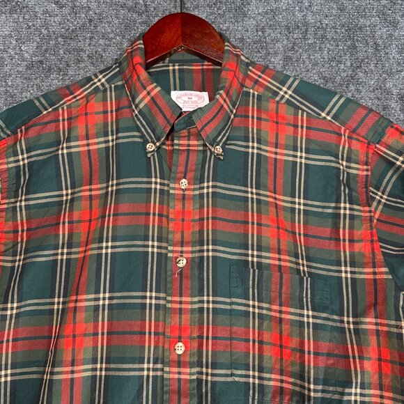 Brooks Brothers Shirt Mens Medium Button Down Red Green Plaid Cotton Pocket - Picture 5 of 8